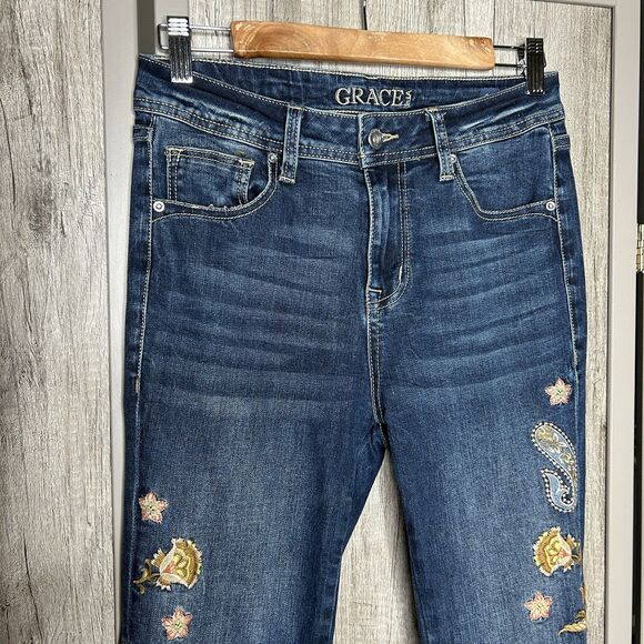 Grace in LA Jeans Size 26 Flared Embroidered Paisley Floral High Waist - Picture 3 of 9